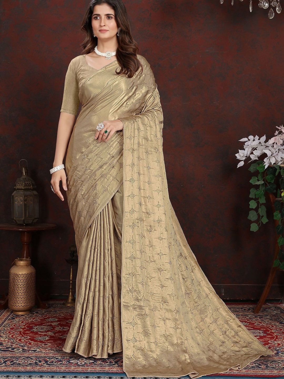 

MAHALASA Embellished Beads and Stones Saree, Gold
