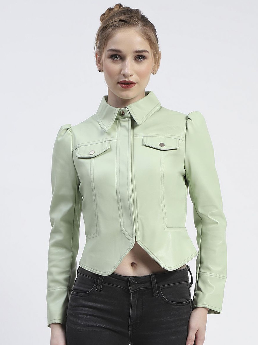 

Madame Women Spread Collar Solid Casual Biker Jacket, Green