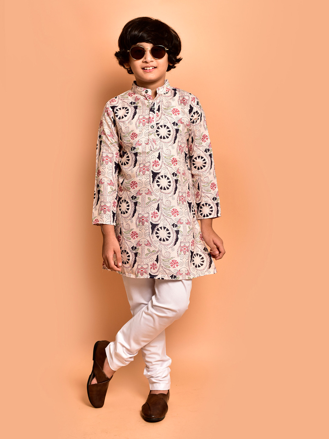 

PRINTCULTR Boys Ethnic Motifs Printed Straight Kurta with Churidar, Cream