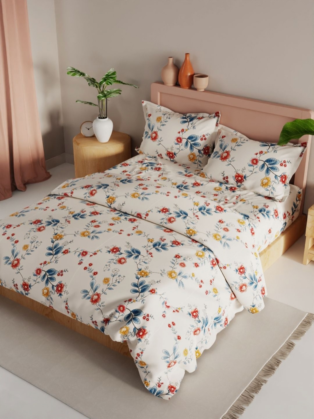 

KOPA Off White & Red 4 Pieces Floral Printed Microfiber Double Queen Regular Bedding Set