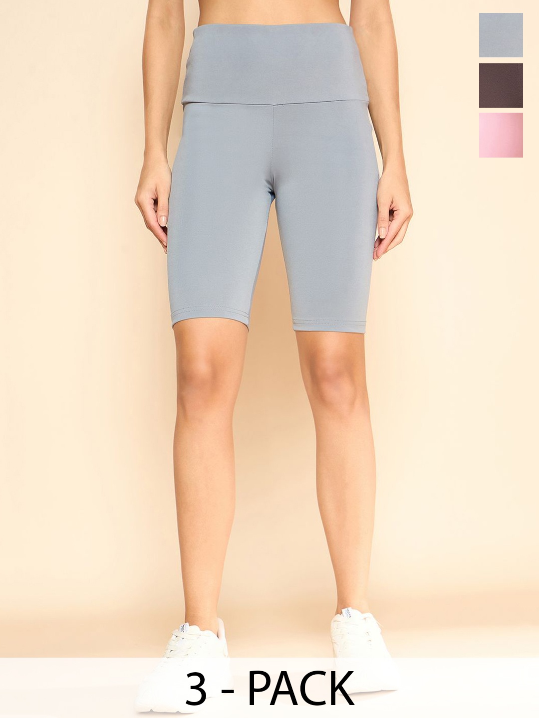 

COLOR CAPITAL Women Pack Of 3 Antimicrobial High Rise Above Knee Cycling Tights, Grey