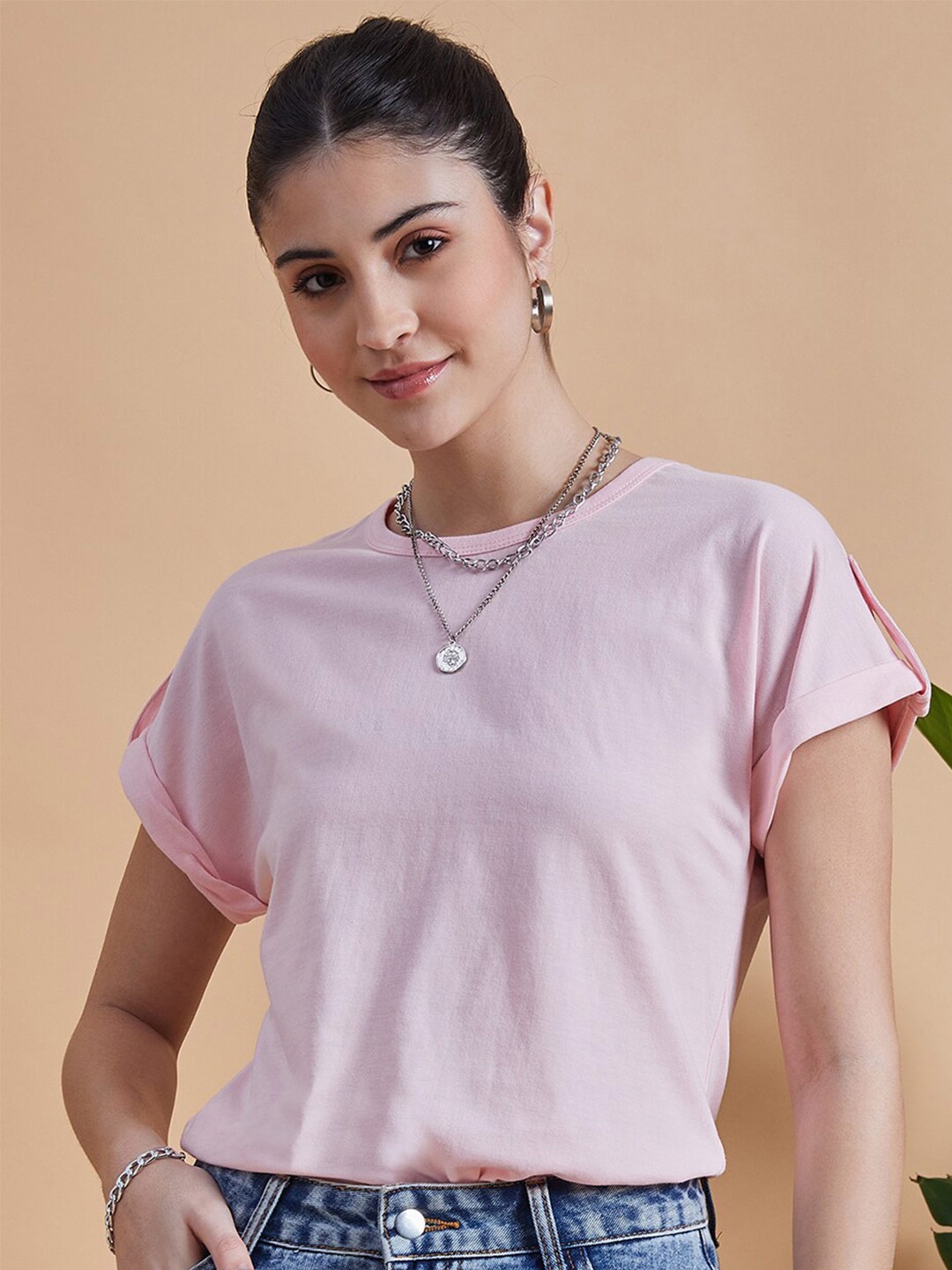 

MINT STREET Round Neck Roll-Up Sleeves Pure Cotton T-shirt, Pink