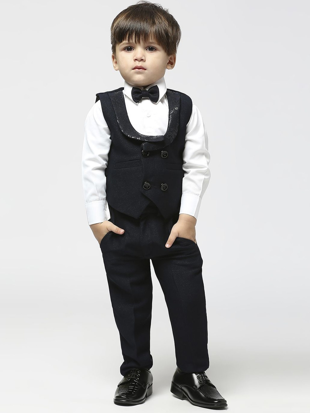 

YK Infant Boys 3-Pcs Self Design Jacket With Shirt & Trousers Party Suit, Navy blue