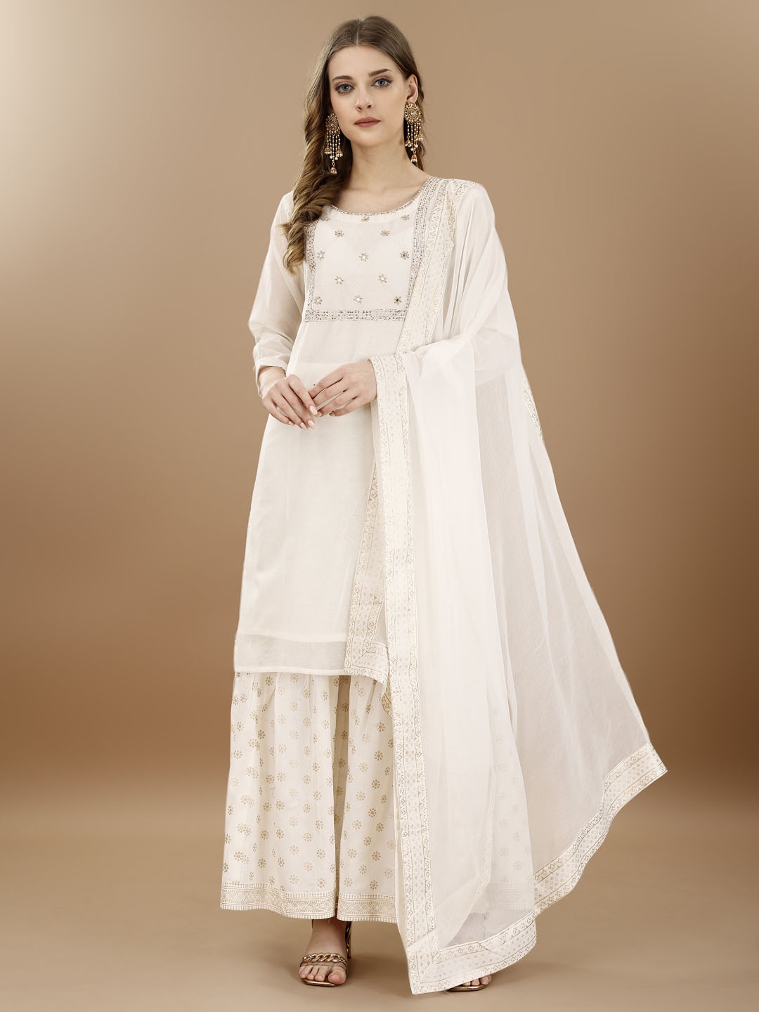 

KUNDAN FAB Floral Yoke Design Straight Kurta with Palazzos & Dupatta, White