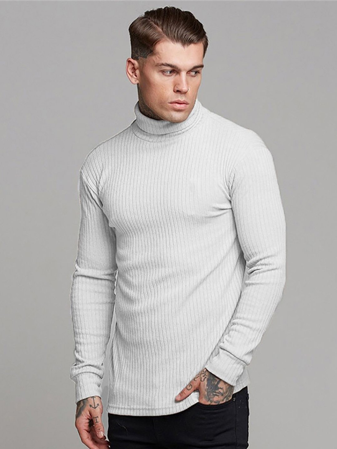 

StyleCast x Revolte Men Ribbed Self Design Turtle Neck Pullover Sweater, White