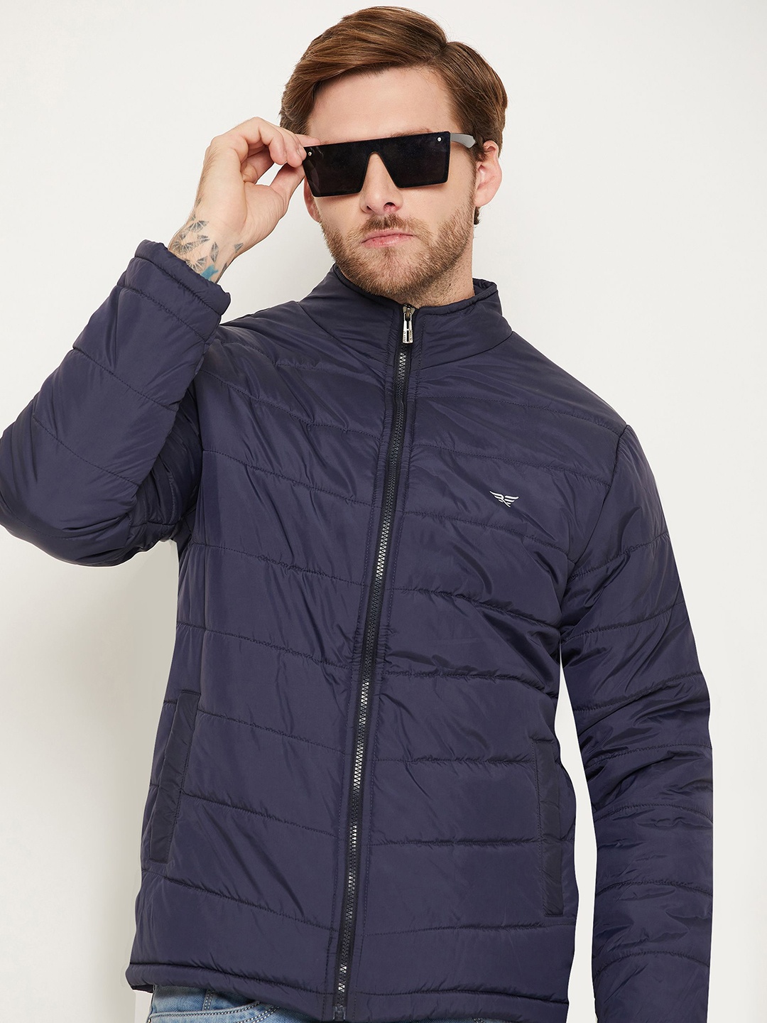 

RISS Men Mock Collar Solid Casual Padded Jacket, Navy blue