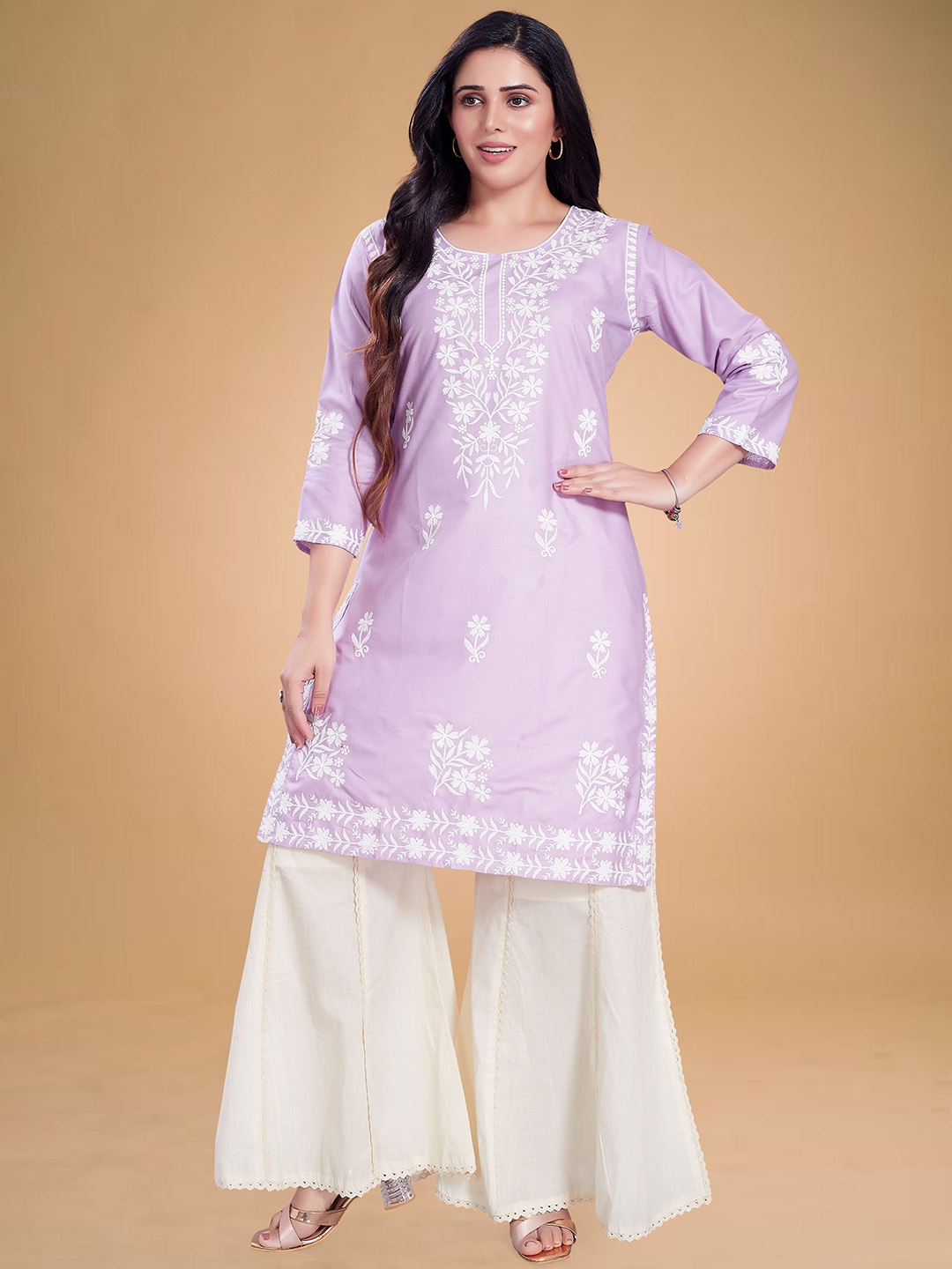 

Rani Saahiba Ethnic Motifs Chikankari Round Neck Straight Kurta, Purple