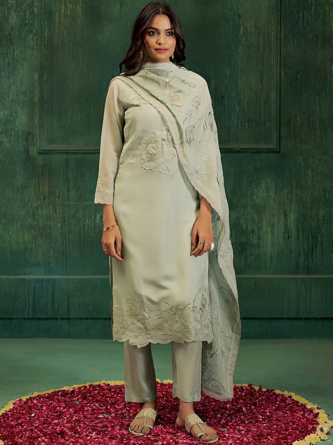 

Jaipur Kurti Floral Embroidered Thread Work Straight Kurta With Trousers & Dupatta, Green