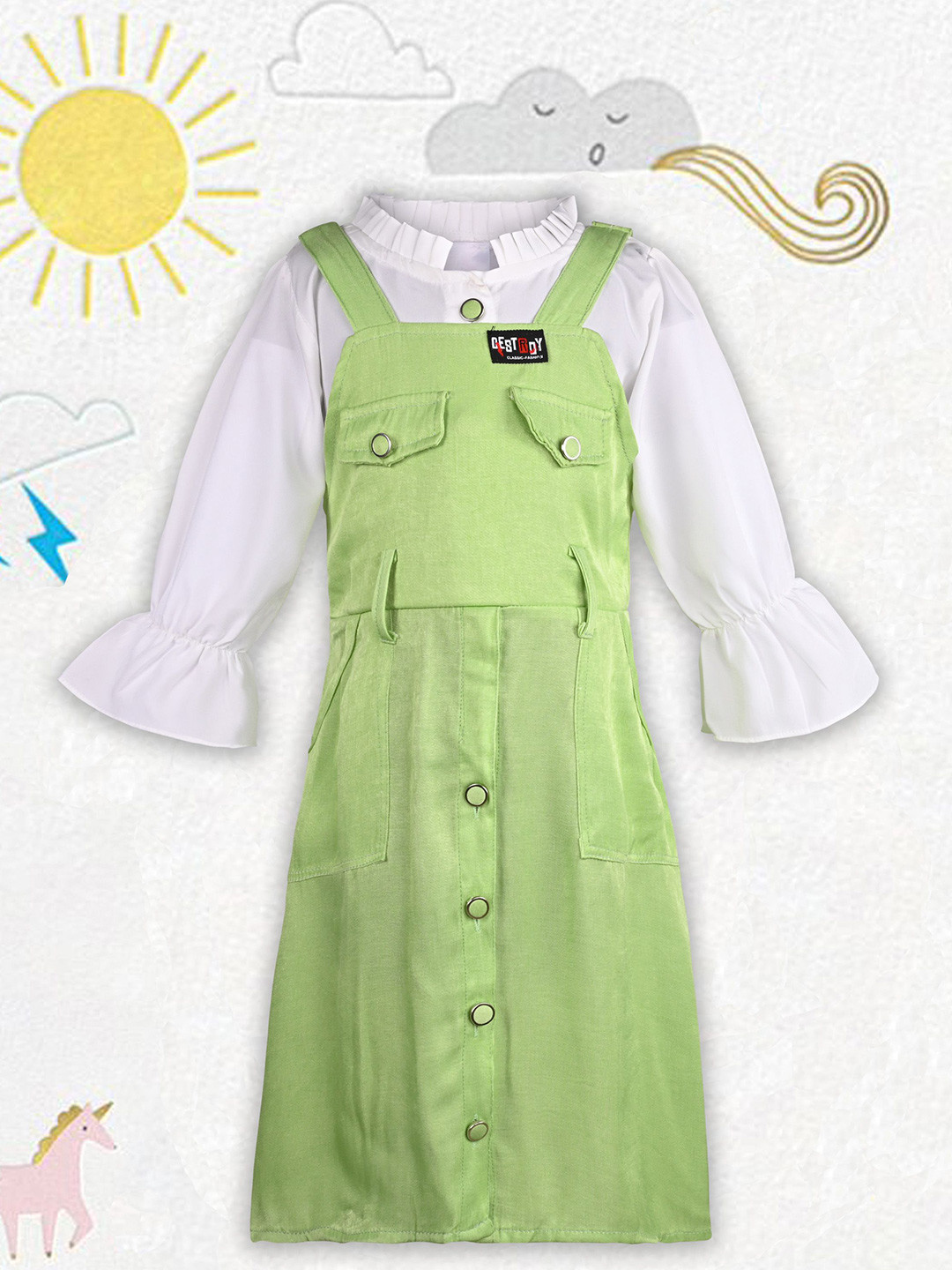 

Wish Karo Girls Bell Sleeves Pinafore Knee Length Dress, Green