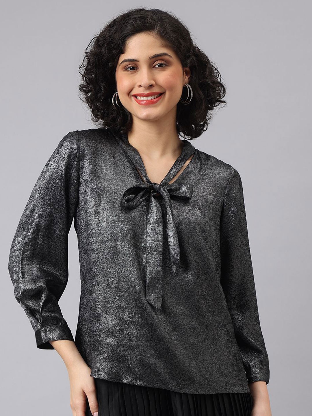

Latin Quarters Women Shimmer Solid Tie-Up Neck Top, Grey