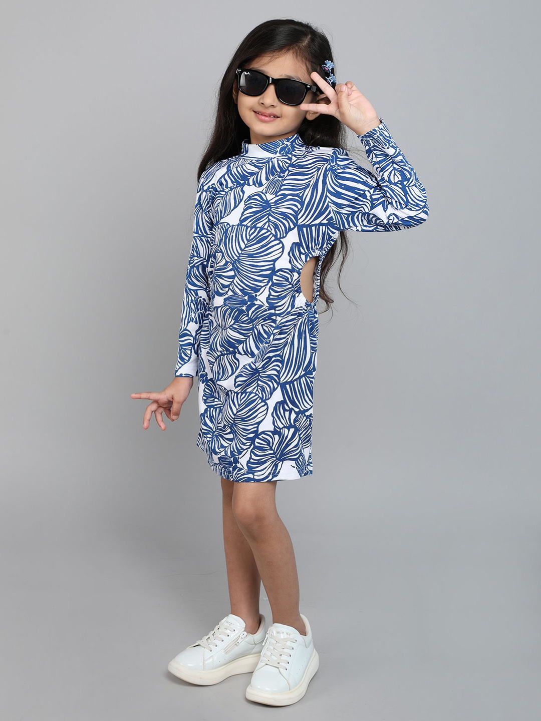 

taffykids Girls A-Line Cotton Tropical Printed Cut-Out Full Sleeves Dress, Blue