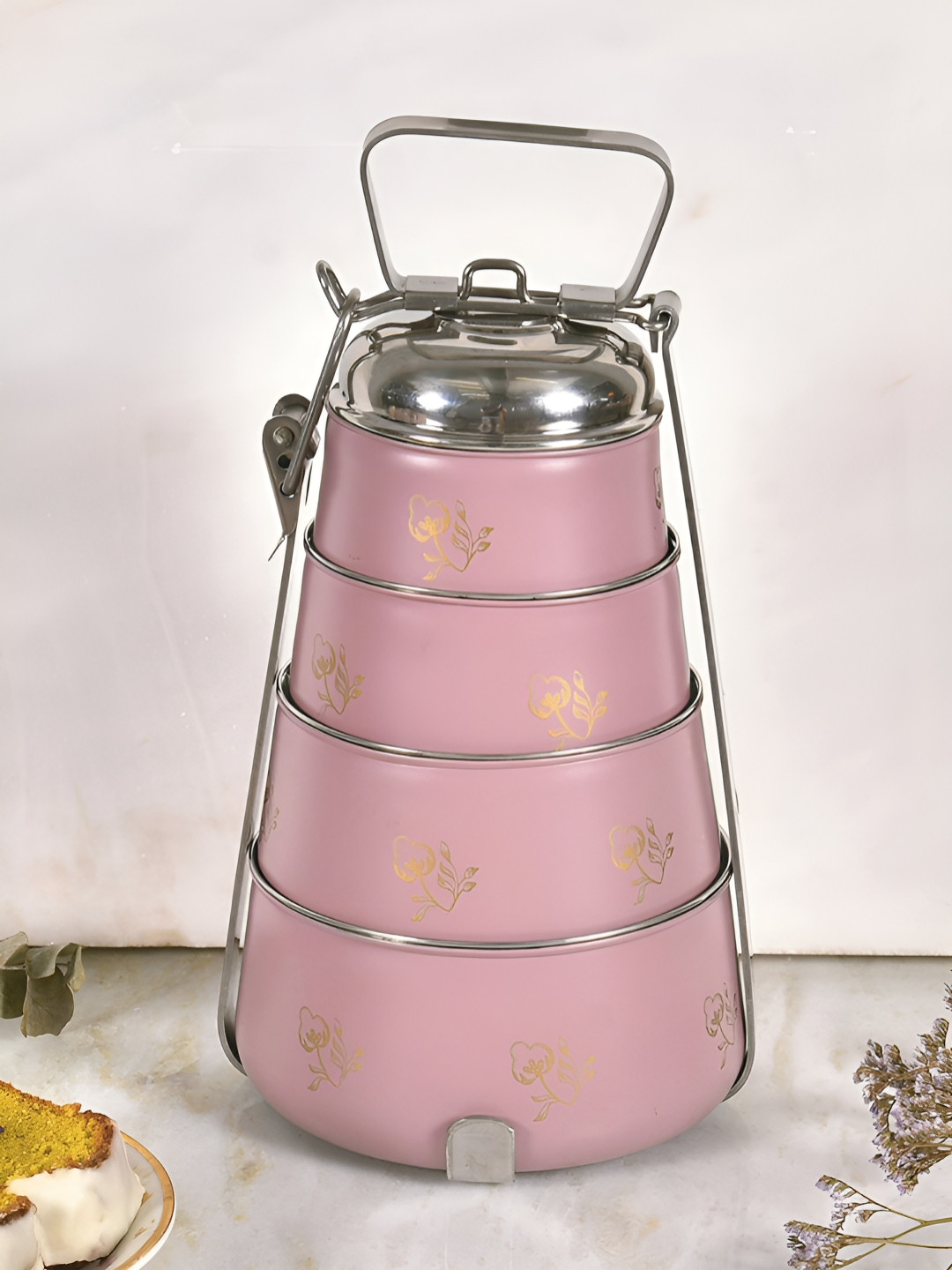 

Living With Elan Mauve & Silver Floral Printed Stainless Steel 4 Tier Lunch Box 1470 ml