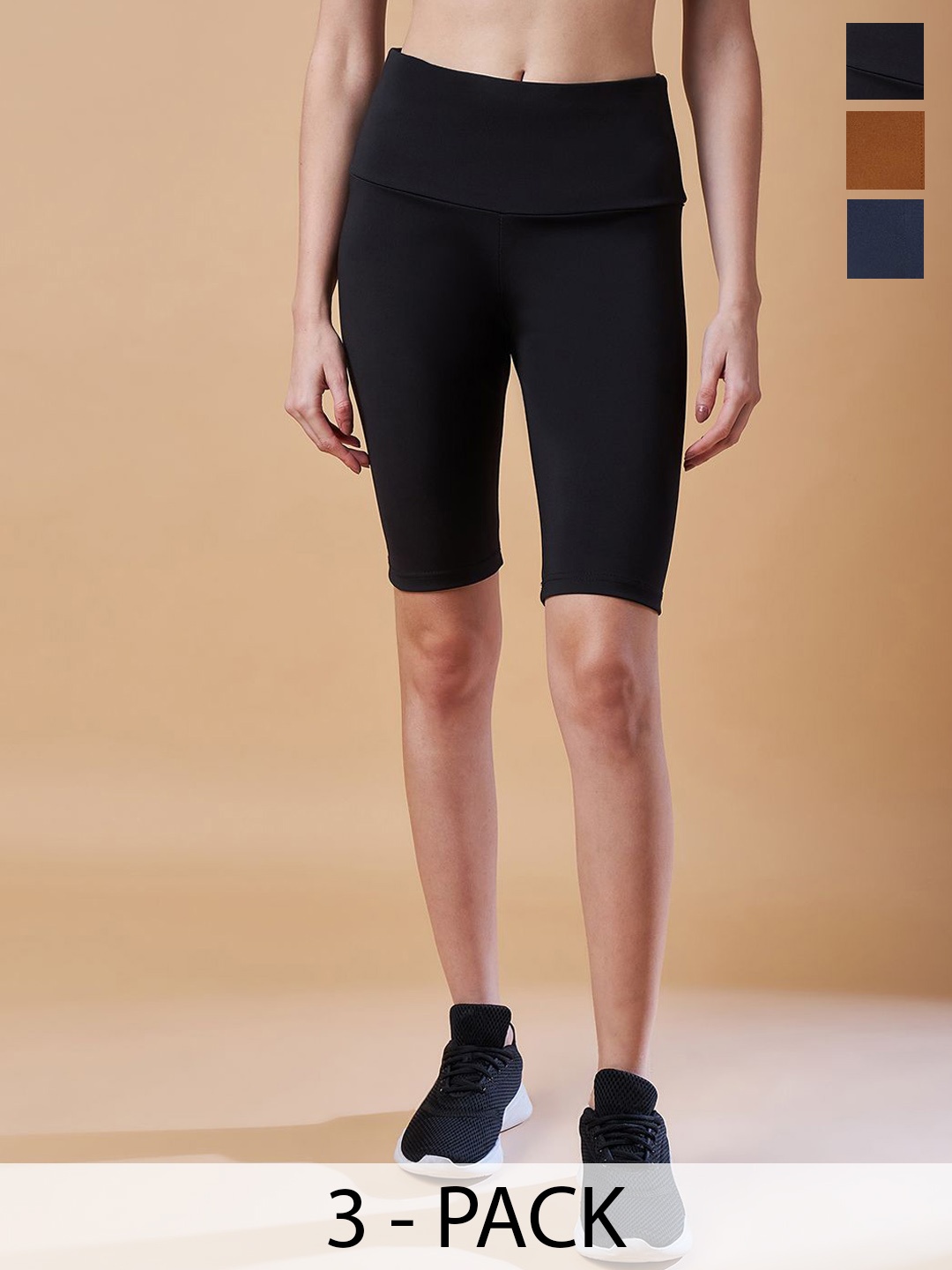 

COLOR CAPITAL Pack Of 3 Women Slim-Fit Above Knee Gym Tights, Brown