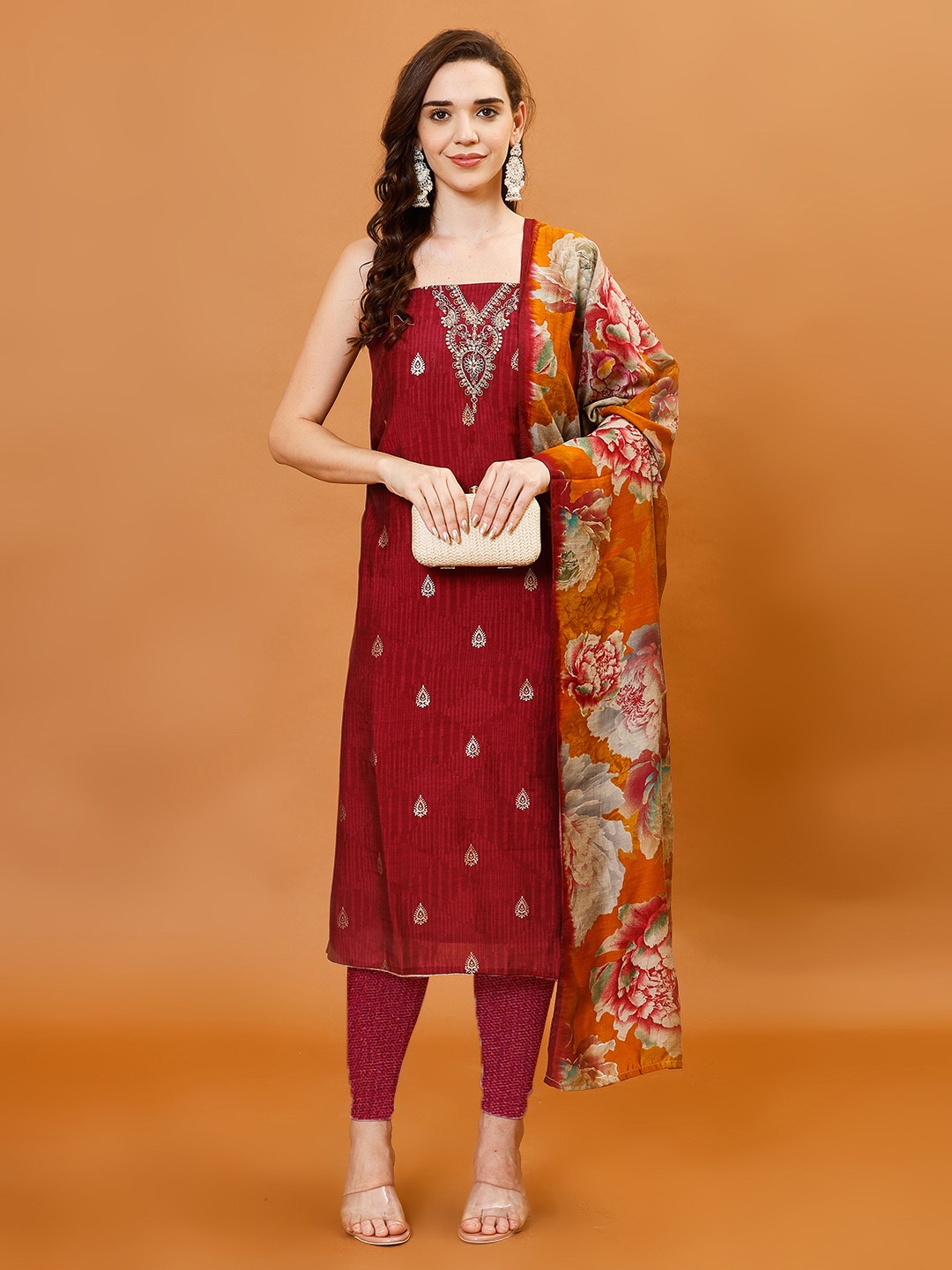 

Meena Bazaar Women Embroidered Unstitched Dress Material With Printed Dupatta, Maroon