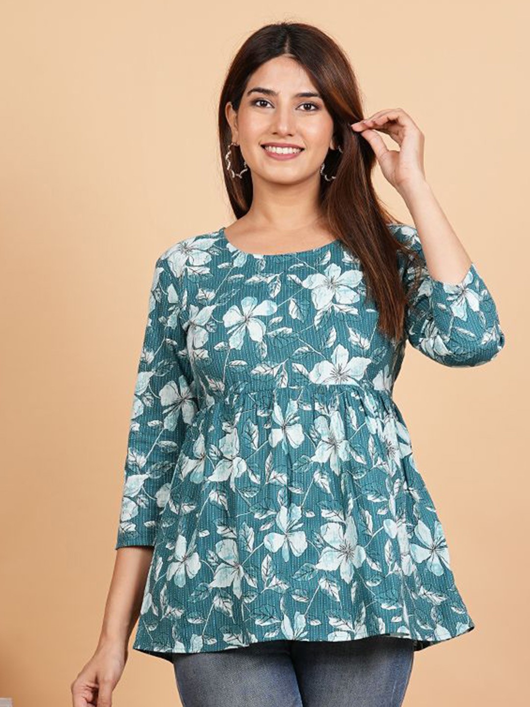 

TOP 2 BOTTOM Women Floral Printed pure Cotton Tunics, Green