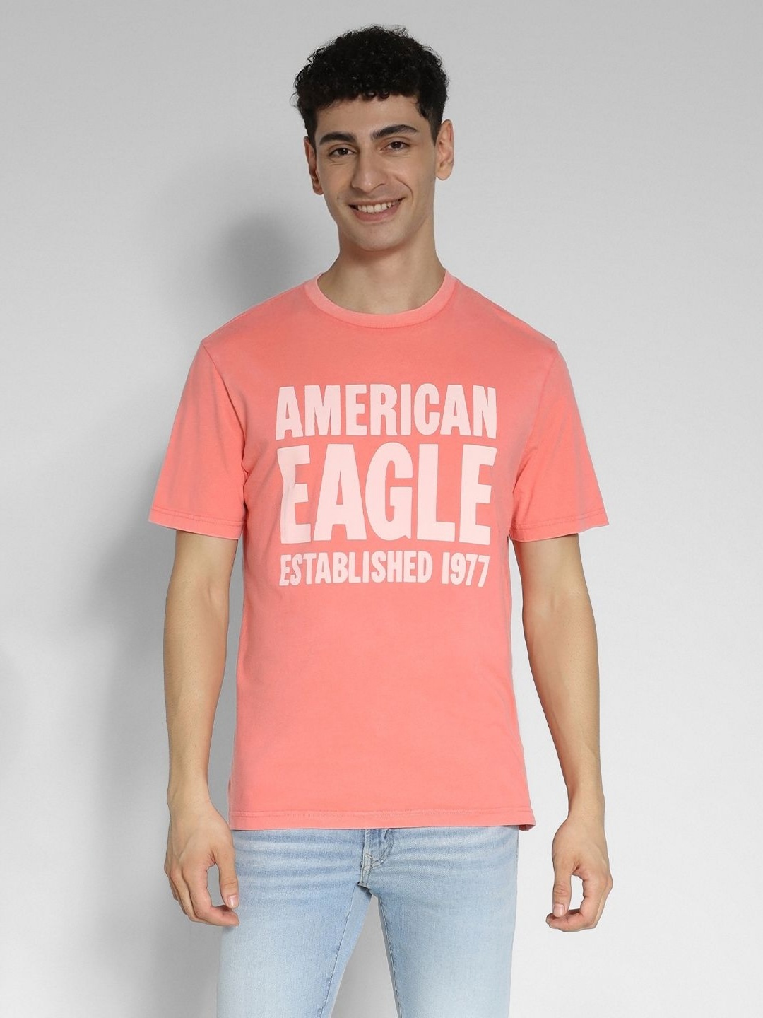 

AMERICAN EAGLE OUTFITTERS Men Typography Printed Round Neck Cotton T-shirt, Peach
