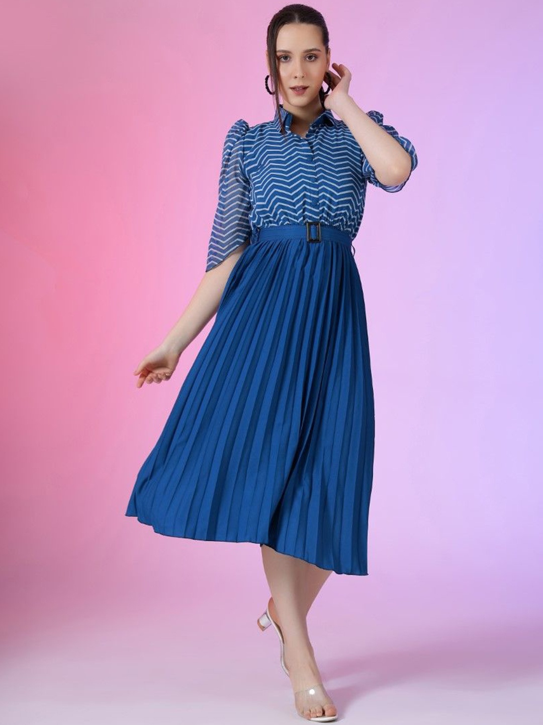 

Raiyani Enterprise Women Printed Puff Sleeve Fit & Flare Maxi Dress, Blue