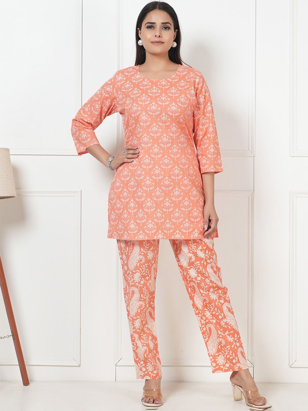 

Kaftanize Women Printed Pure Cotton Scoop Neck Tunic With Trouser Co-Ords, Peach