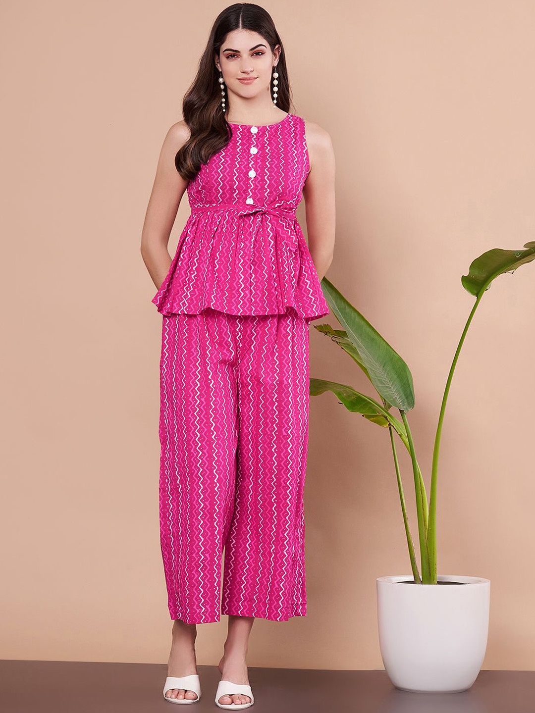 

FABRIC FITOOR Printed Pure Cotton Sleeveless Top With Trousers Co-Ords, Pink