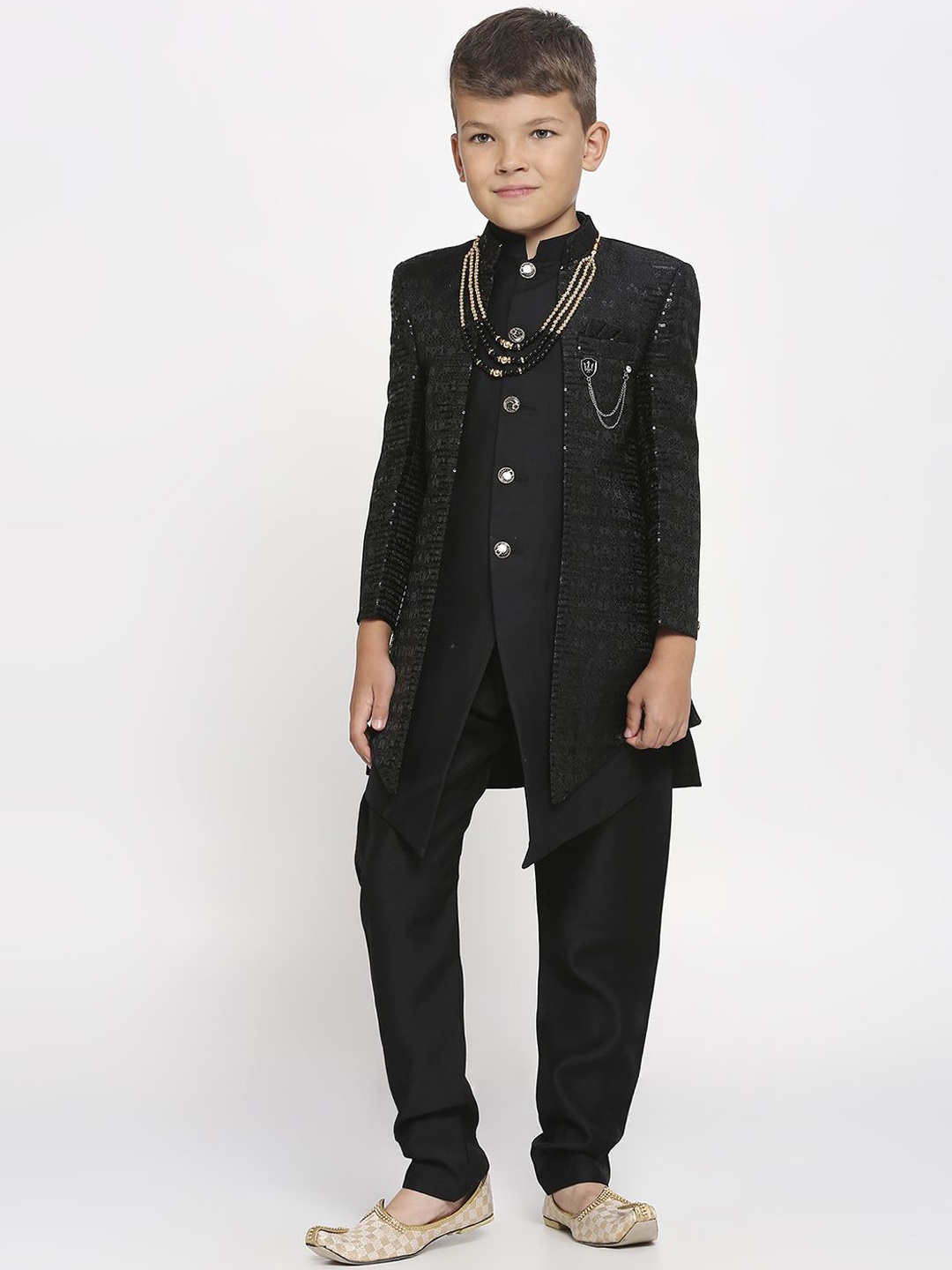 

YK Kids-Boys Embellished Pure Cotton Pure Silk Sherwani Set, Black