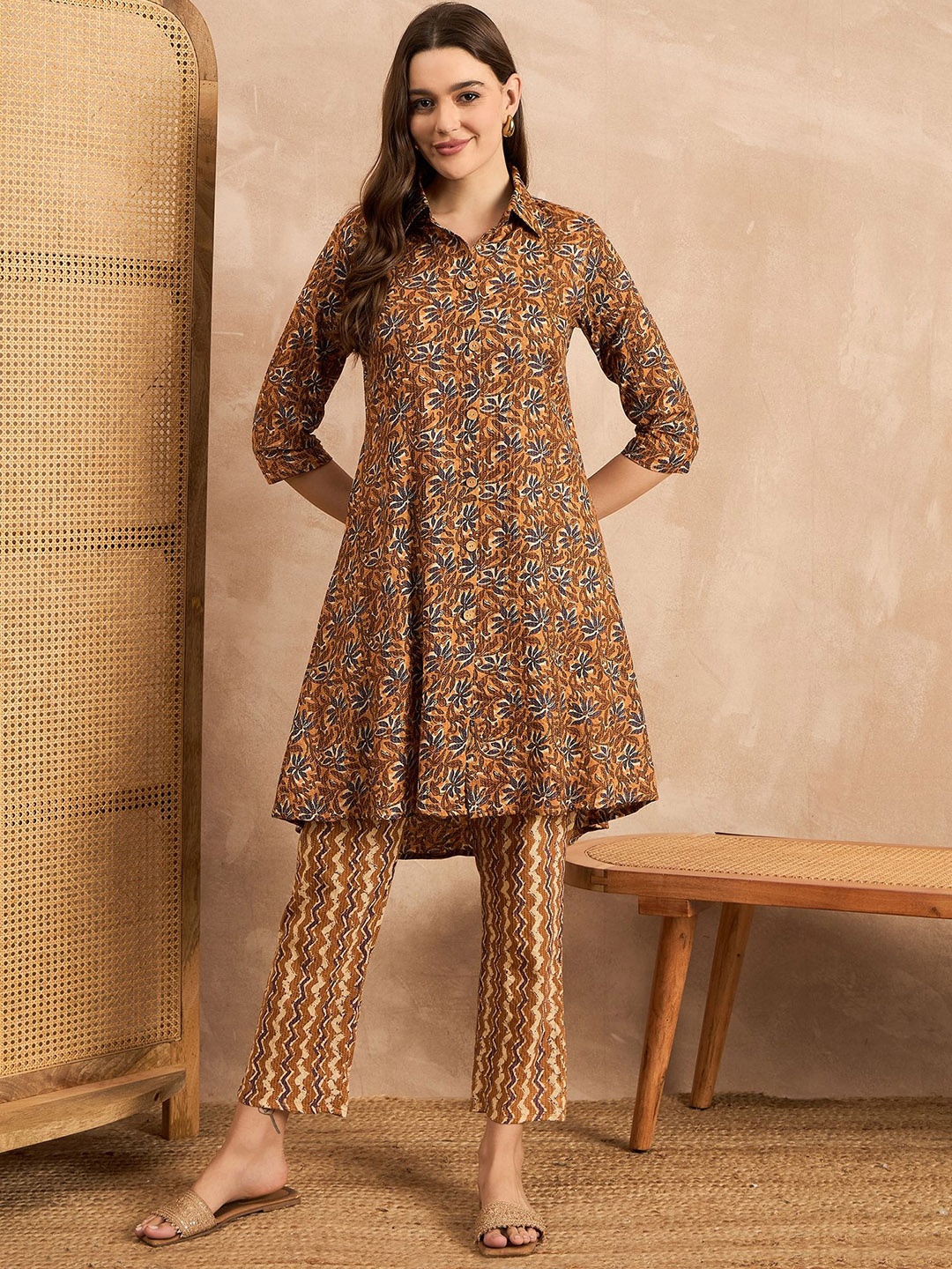

BAESD Printed Shirt Collar Cotton Tunic With Trouser, Beige