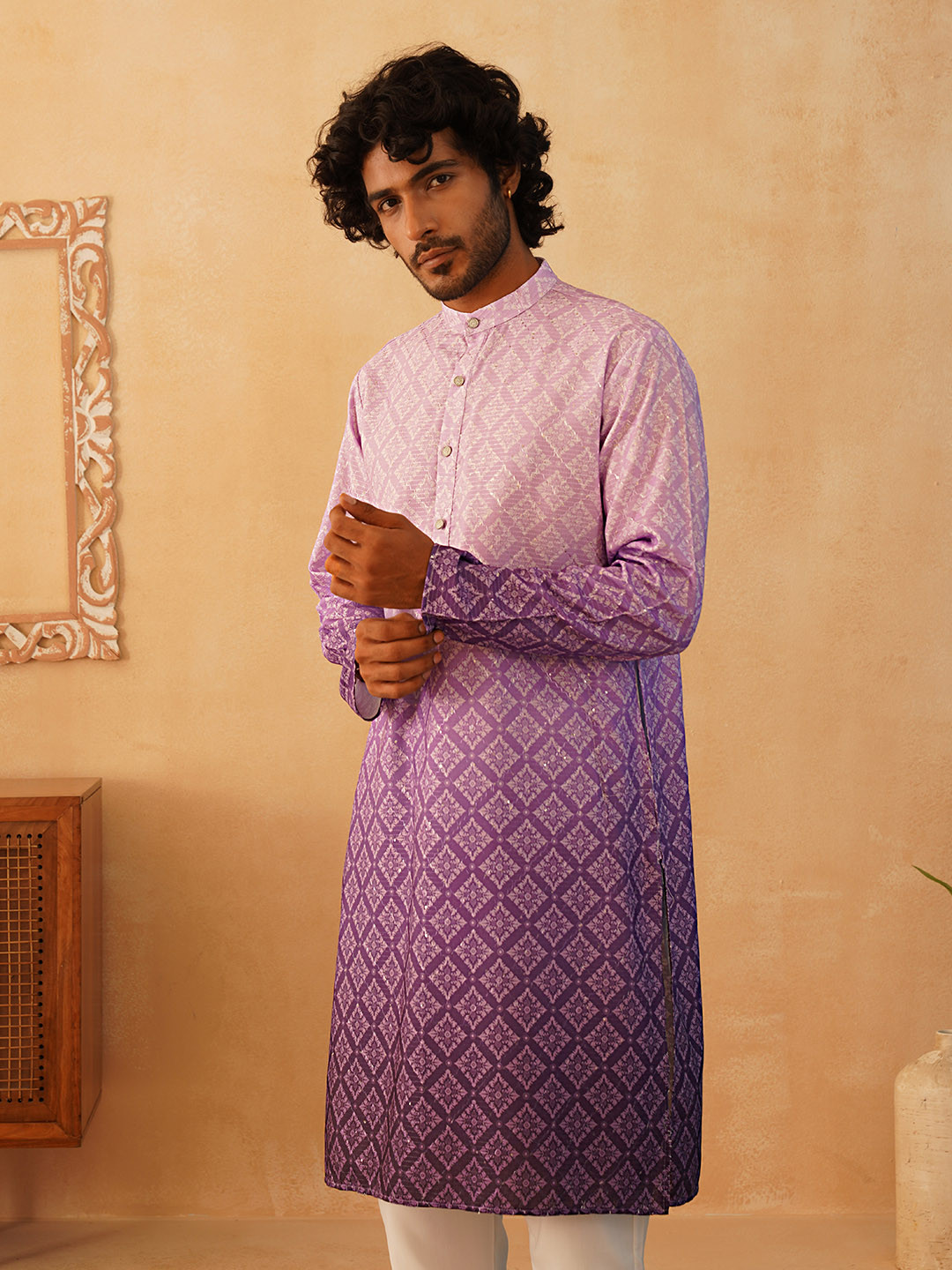 

Jompers Band Collar Floral Printed Sequinned Straight Kurta, Purple