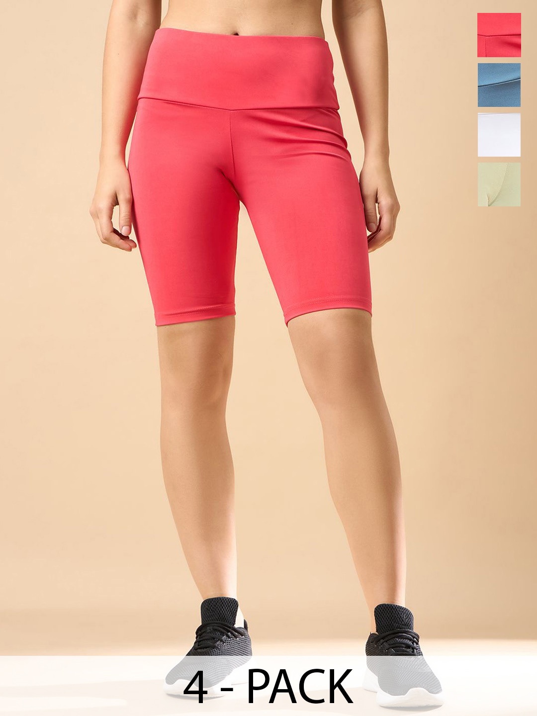 

COLOR CAPITAL Women Pack Of 4 High-Waisted Short Gym Tights, Red