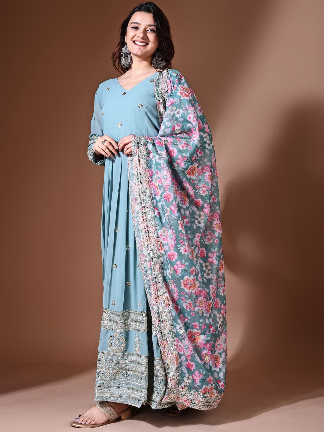 

KALINI Floral Embroidered Georgette Anarkali Ethnic Dress With Dupatta, Blue