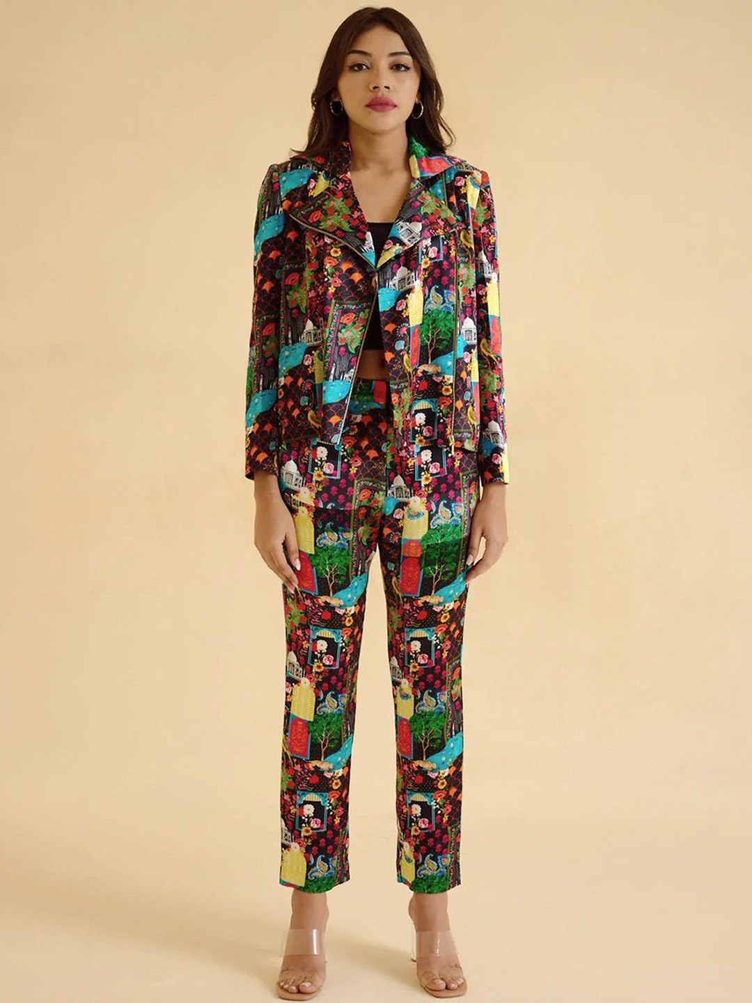 

BETRUE Women Lapel Collar Floral Printed Cotton Casual Tailored Jacket, Black