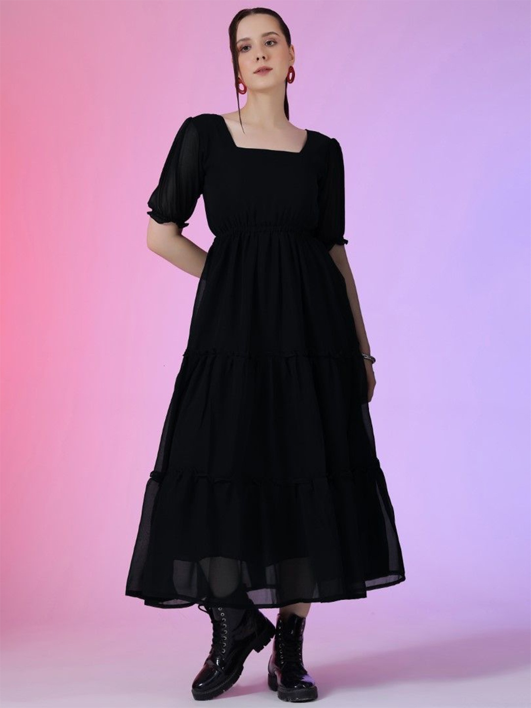 

Femvy Puff Sleeve Applique Georgette Fit & Flare Maxi Dress, Black