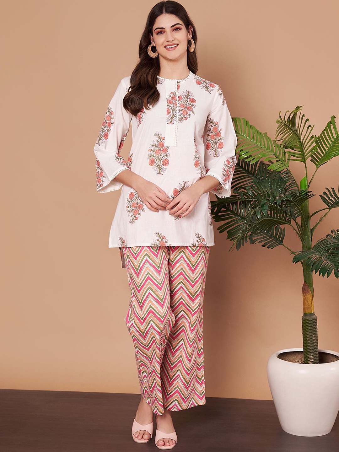 

ETC Floral Printed Pure Cotton Top With Trouser, White