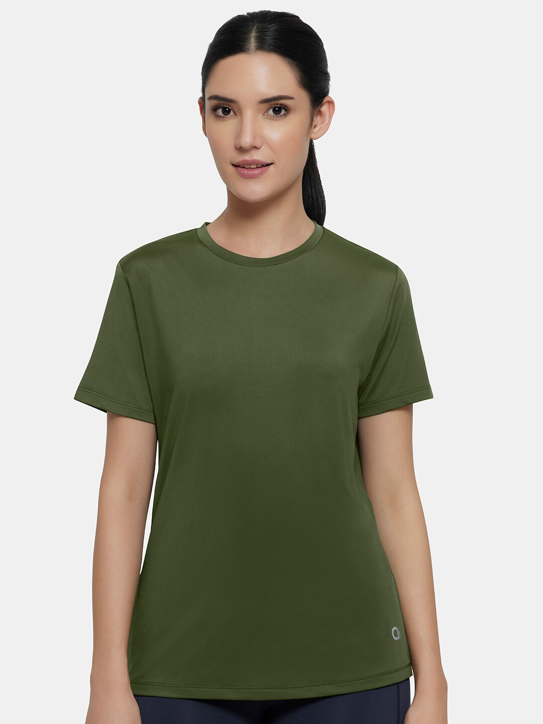 

Amante Women Olive Green Drop-Shoulder Sleeves Moisture Wicking T-shirt