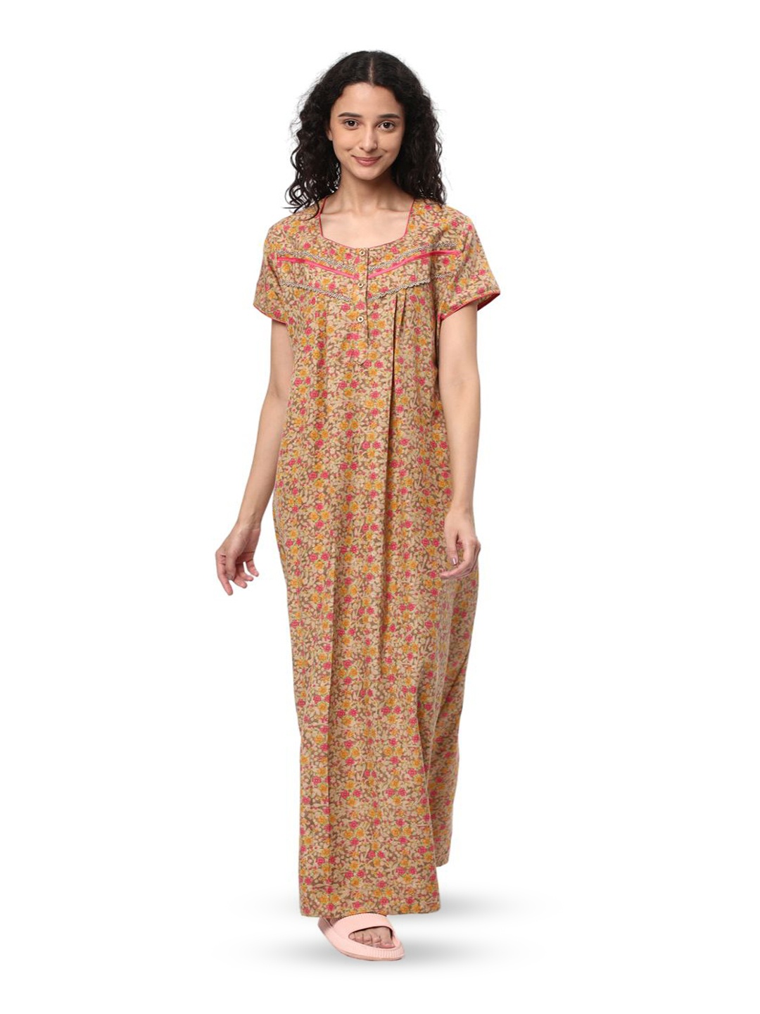 

KOVIRA Printed Square Neck Maxi Nightdress, Mustard