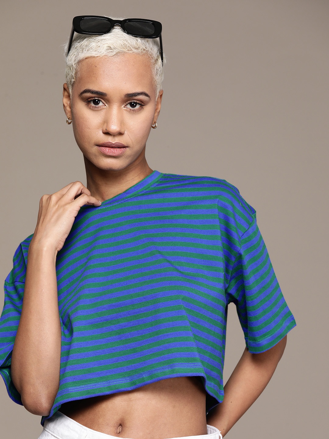 

The Roadster Lifestyle Co. Striped Drop-Shoulder Sleeves Pure Cotton Cropped Boxy T-shirt, Blue