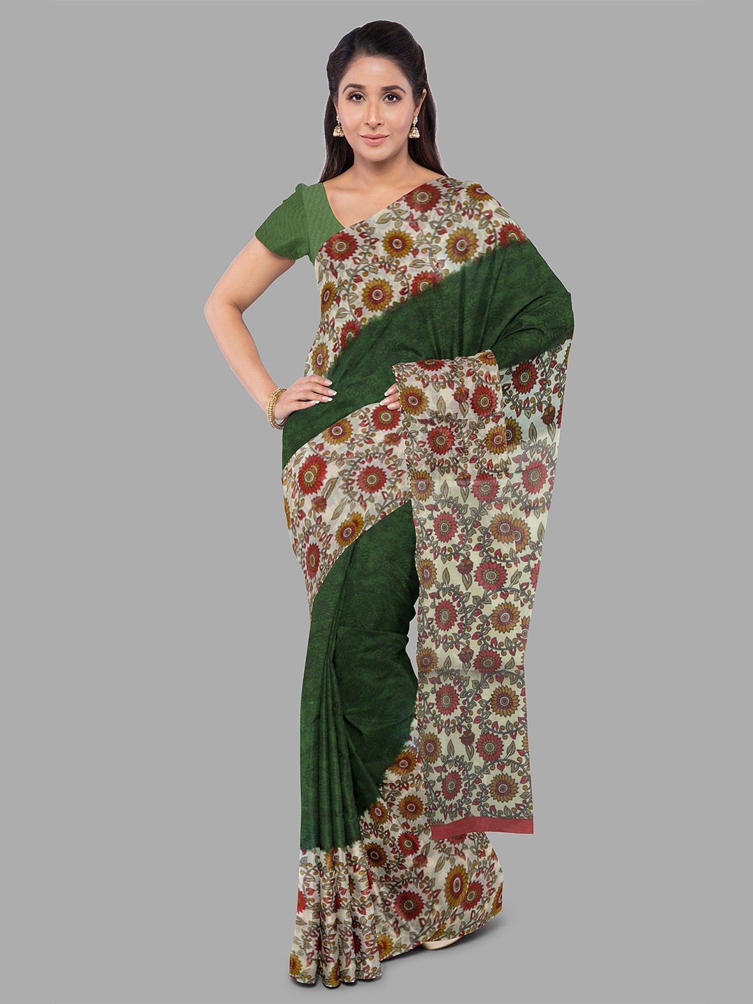 

The Chennai Silks Floral Printed Pure Cotton Gadwal Saree, Green