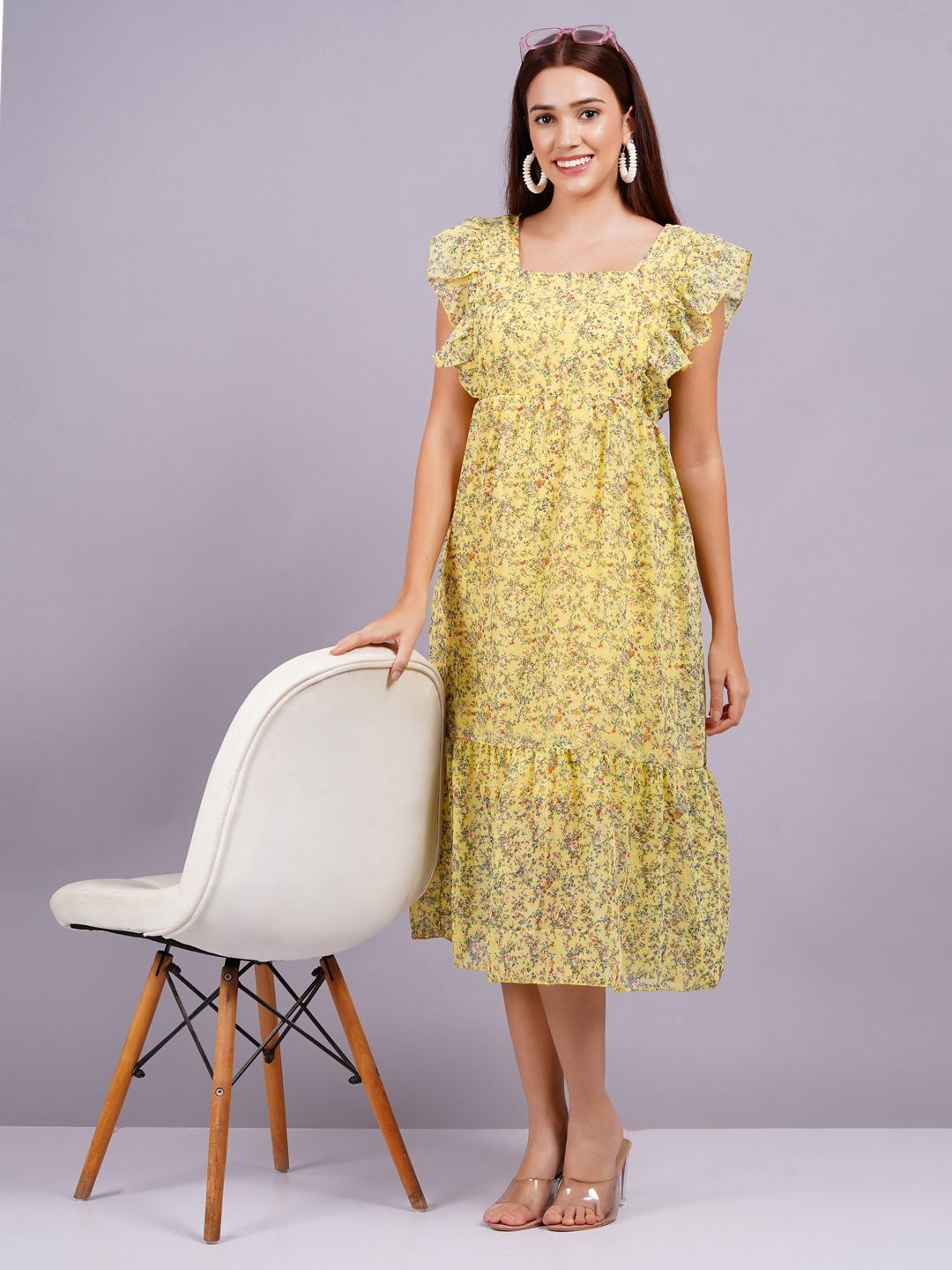

KALINI Floral Print Flutter Sleeve Georgette Fit & Flare Midi Dress, Yellow