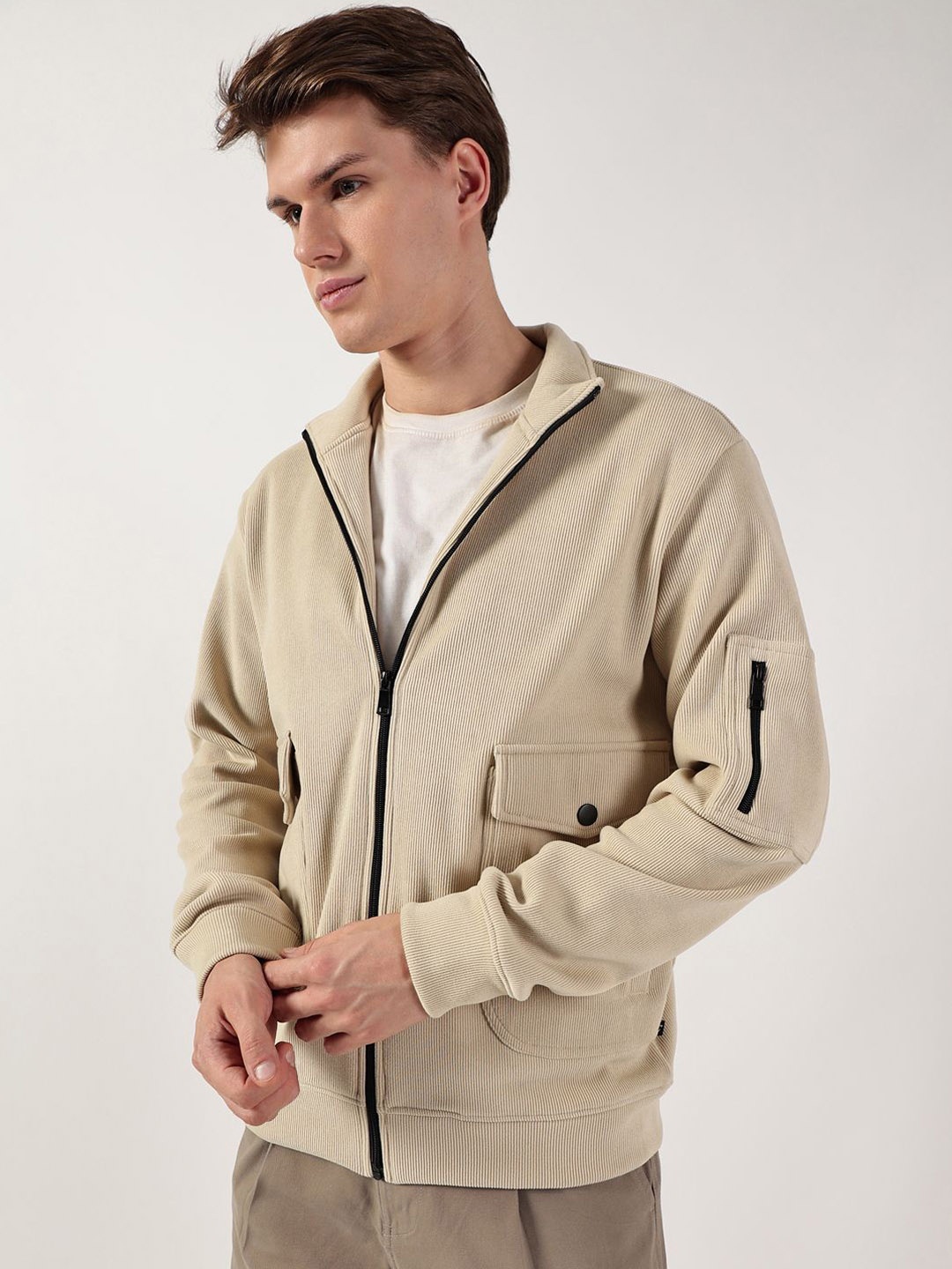 

Thomas Scott Men Mock Collar Self Design Casual Open Front Jacket, Beige