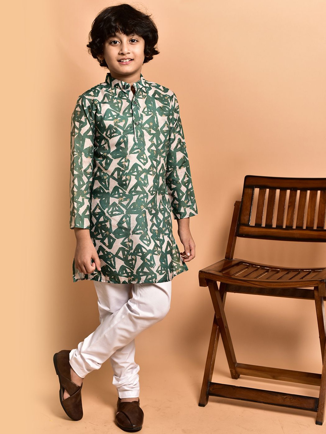 

PRINTCULTR Boys Geometric Printed Band Collar Cotton Straight Kurta, Cream