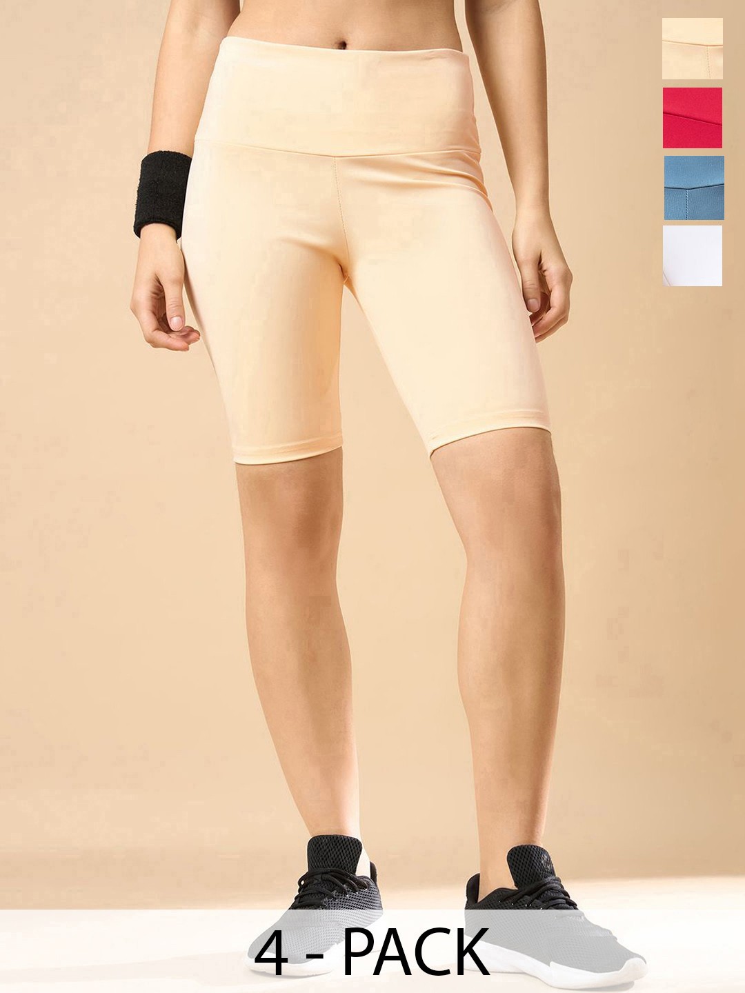 

COLOR CAPITAL Women Pack Of 4 High Rise Above Knee Cycling Tights, Cream