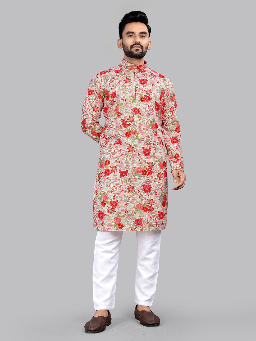 

allan peter Men Floral Printed Cotton Kurta, Pink