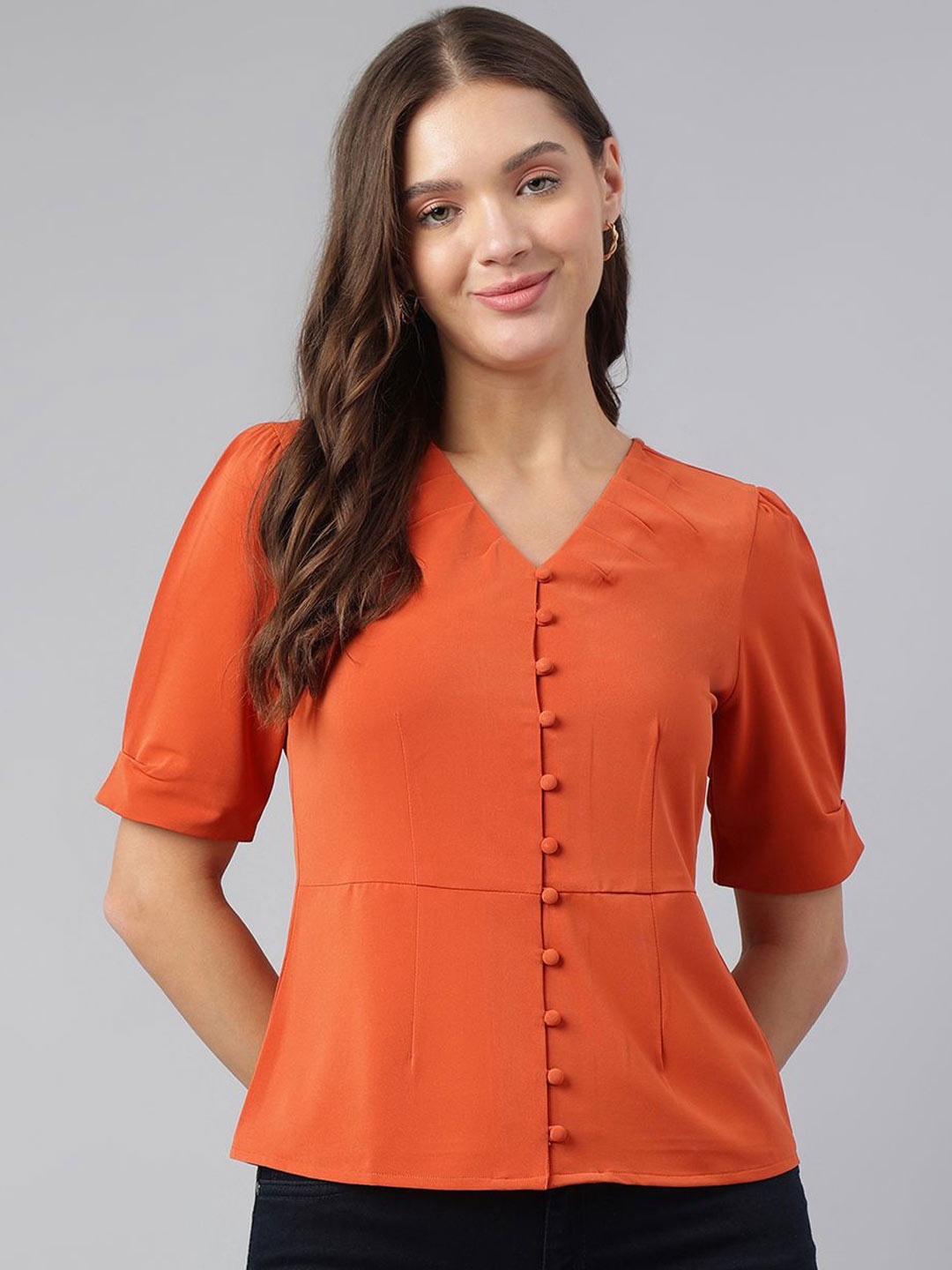 

Latin Quarters Women Solid V-Neck Top, Orange