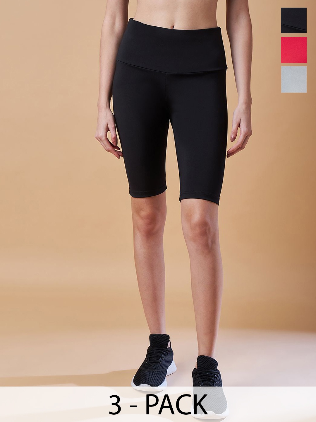 

COLOR CAPITAL Pack Of 3 Women Antimicrobial Above Knee Gym Tights, Black