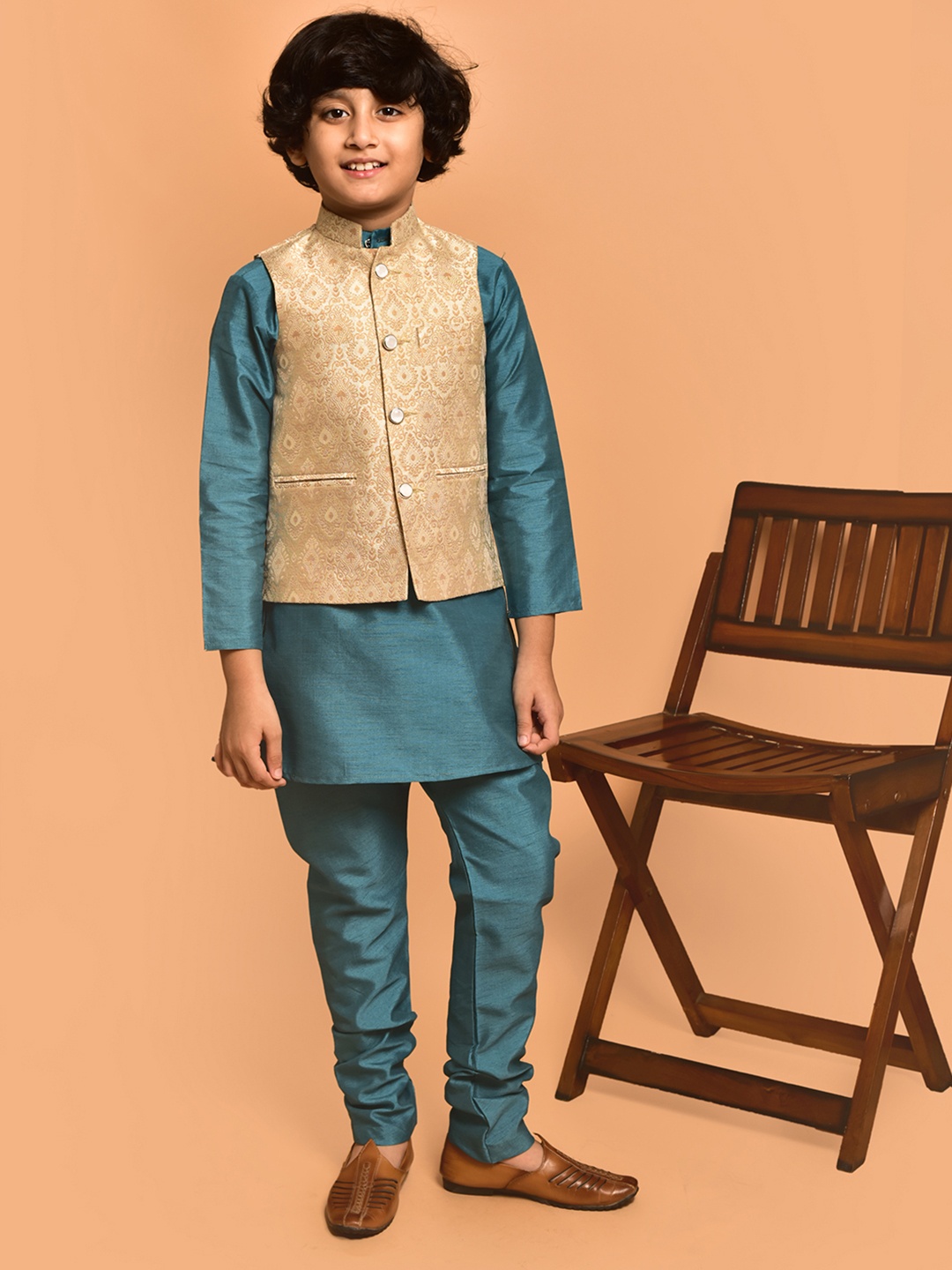 

PRINTCULTR Boys Mandarin Collar Straight Kurta with Pyjamas, Blue