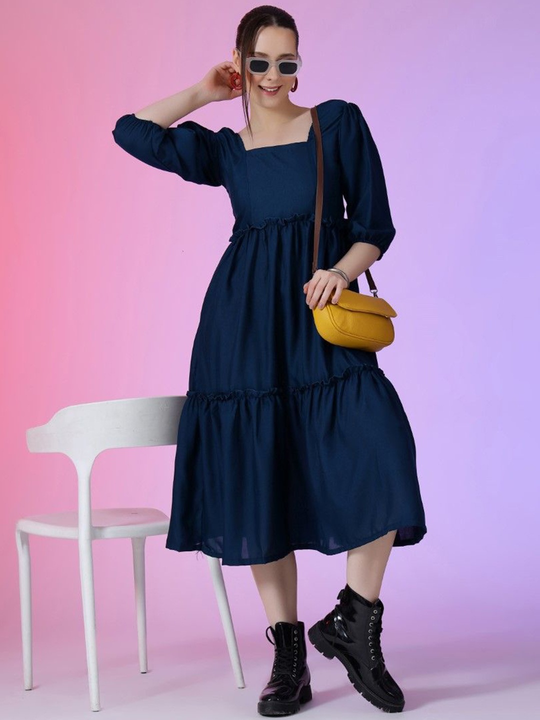 

Femvy Women Square Neck Puff Sleeve Ruffles Fit & Flare Dress, Blue