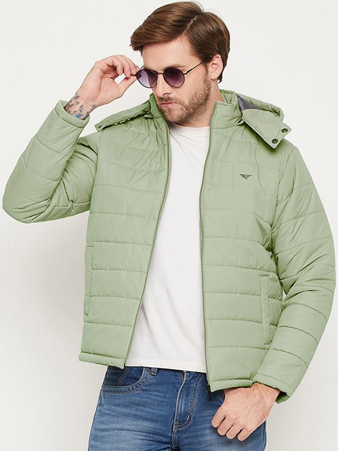 

RISS Men Hooded Solid Casual Padded Jacket, Sea green