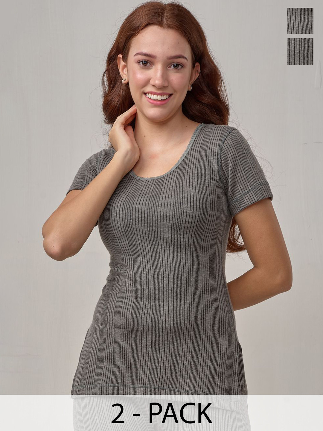 

INFERNO Pack of 2 Women Polycotton Halfslevee Long Thermal Top, Grey