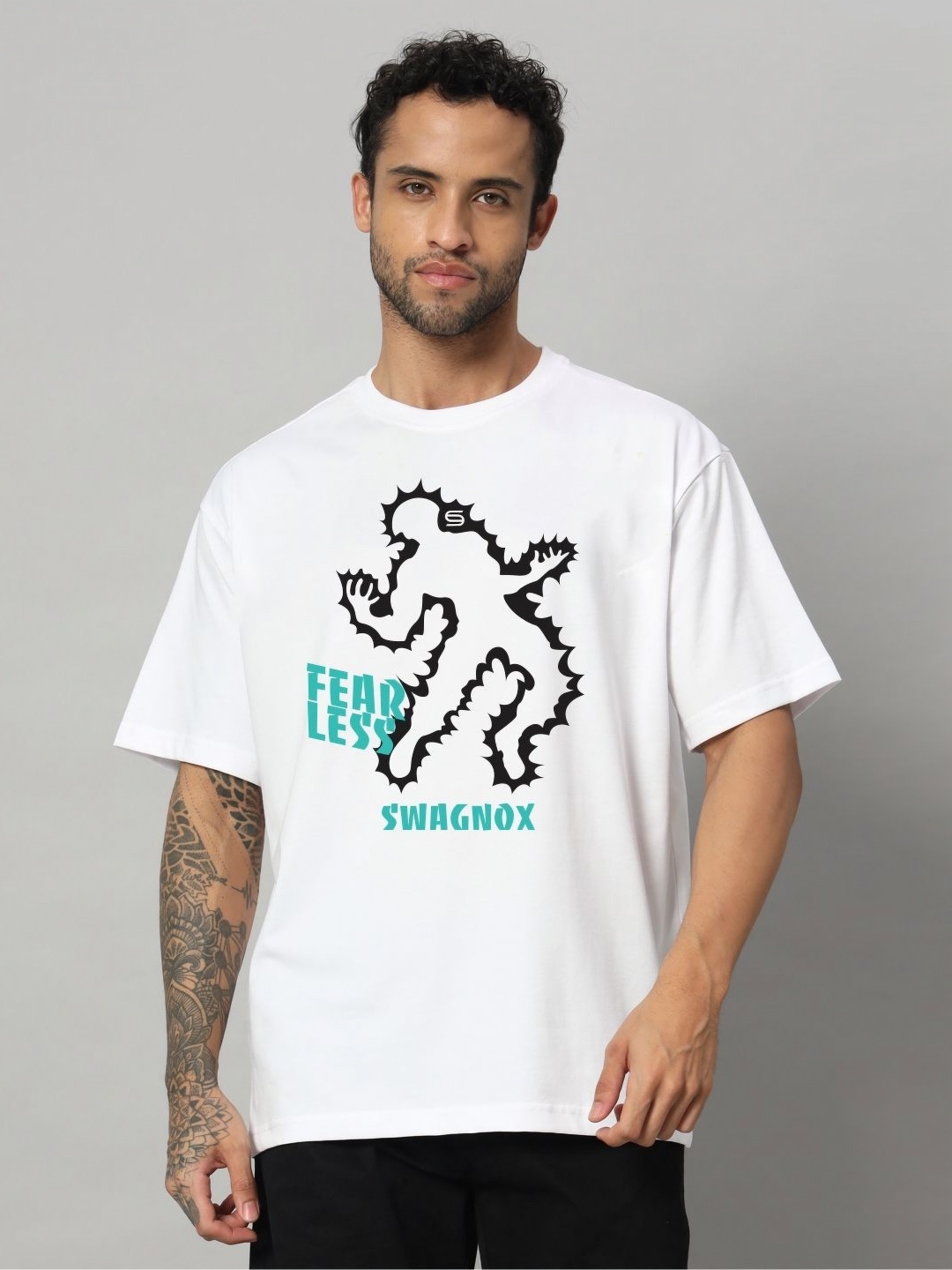 

SWAGNOX Men Typography Printed Round Neck Cotton Oversized T-shirt, White