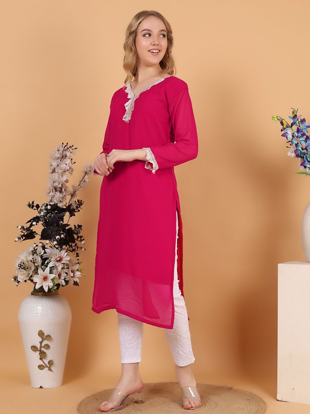 

Tulip Eden Women V-Neck Thread Work Straight Kurta, Pink