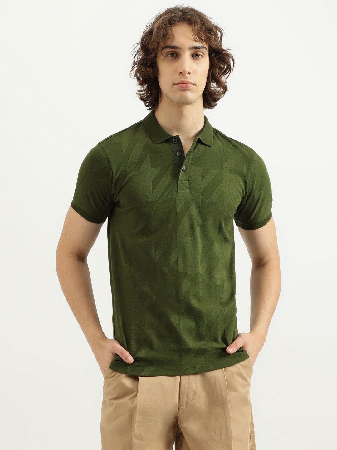

United Colors of Benetton Men Abstract Printed Polo Collar Pure Cotton T-shirt, Green