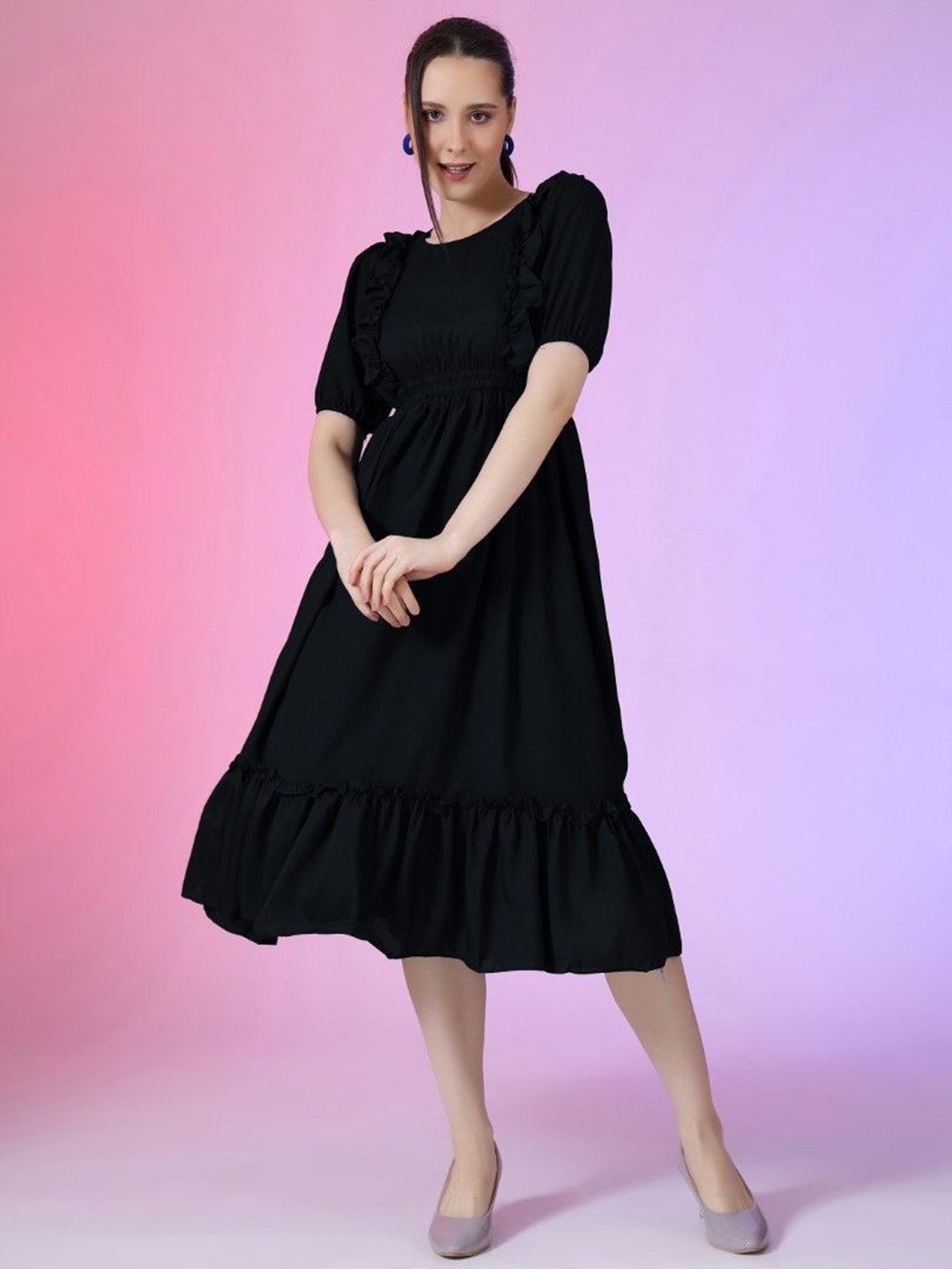 

Krunal Raiyani Women Ruffles Fit & Flare Dress, Black